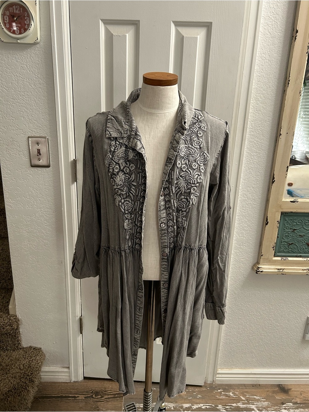 Solitaire Gray Embroidered Long Button-Front Tunic